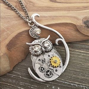 Yellow and Silvertone Antiqued Steampunk Owl Pendant Necklace NWT